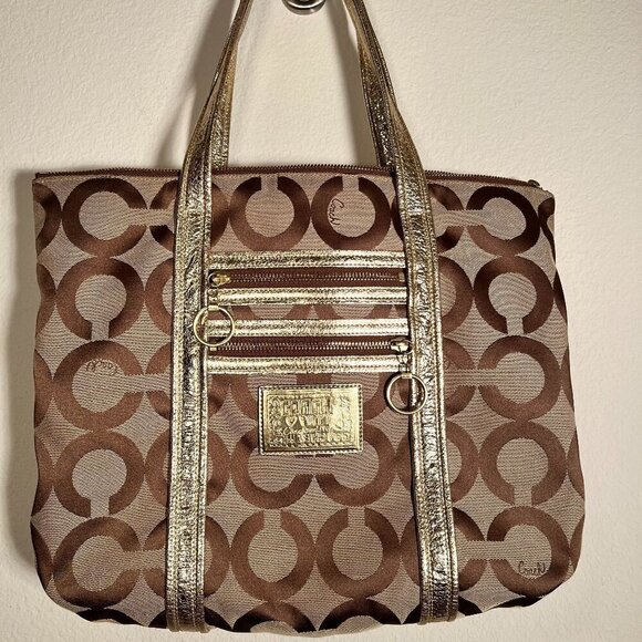 Coach Poppy Gold and Khaki Large Tote with Brilliant Blue Lining - Picture 14 of 15